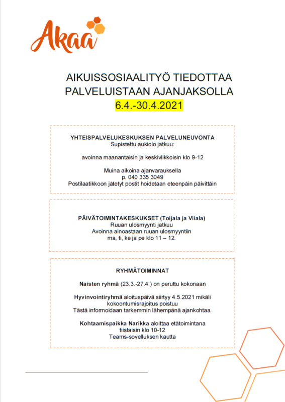 Aikuissosiaalityö tiedottaa ajanjaksosta 6.4.-30.4.2021