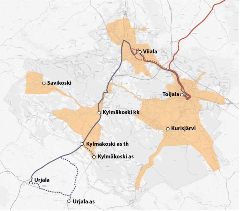 VAU-liikenteen linjakartta. Reitti kulkee Urjalasta Kylmäkosken kirkonkylän, Viialan ja Toijalan kautta Valkeakoskelle. Viialassa ja Toijalassa VAU-liikenne kulkee rautatieasemien kautta.