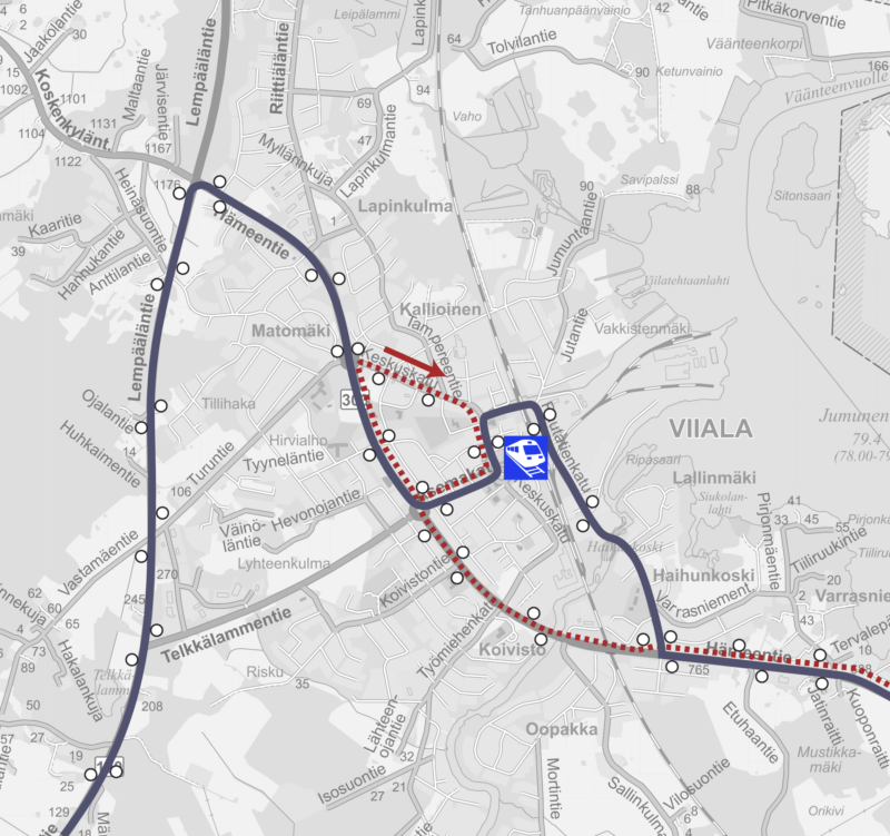 VAU-liikenteen Viialan reittikartta. Bussit kulkevat Kylmäkoskentie, Hämeentie, Asemakatu, Keskuskatu, Ojakatu, Rautatienkatu, Hämeentie ja pysähtyvät kaikilla reitin varren pysäkeillä.