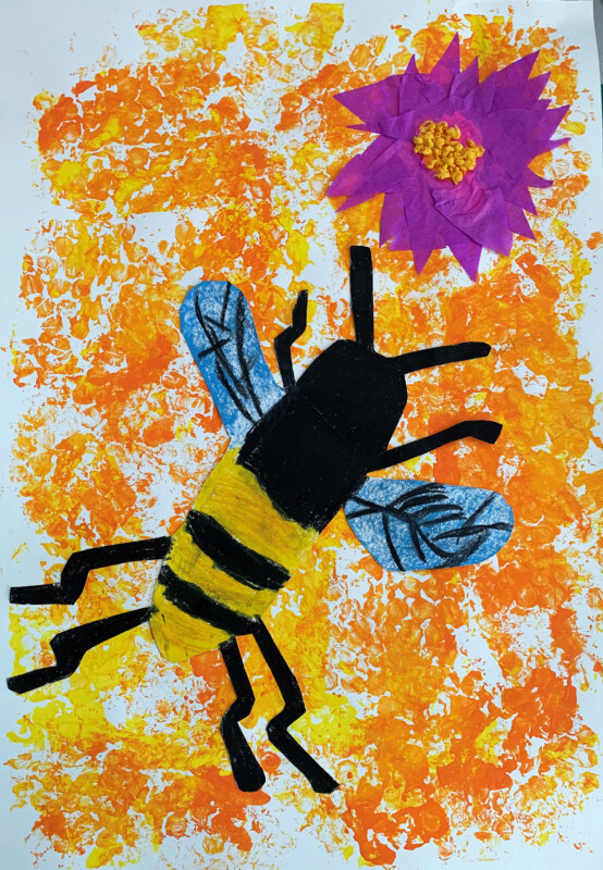 Piirustus, jossa iso mehiläinen ja kukka.