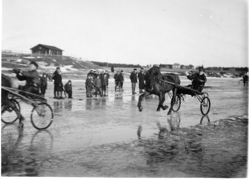 Vanha kuva Nahkialanjärveltä, jossa mies ajaa ravihevosella jäällä.