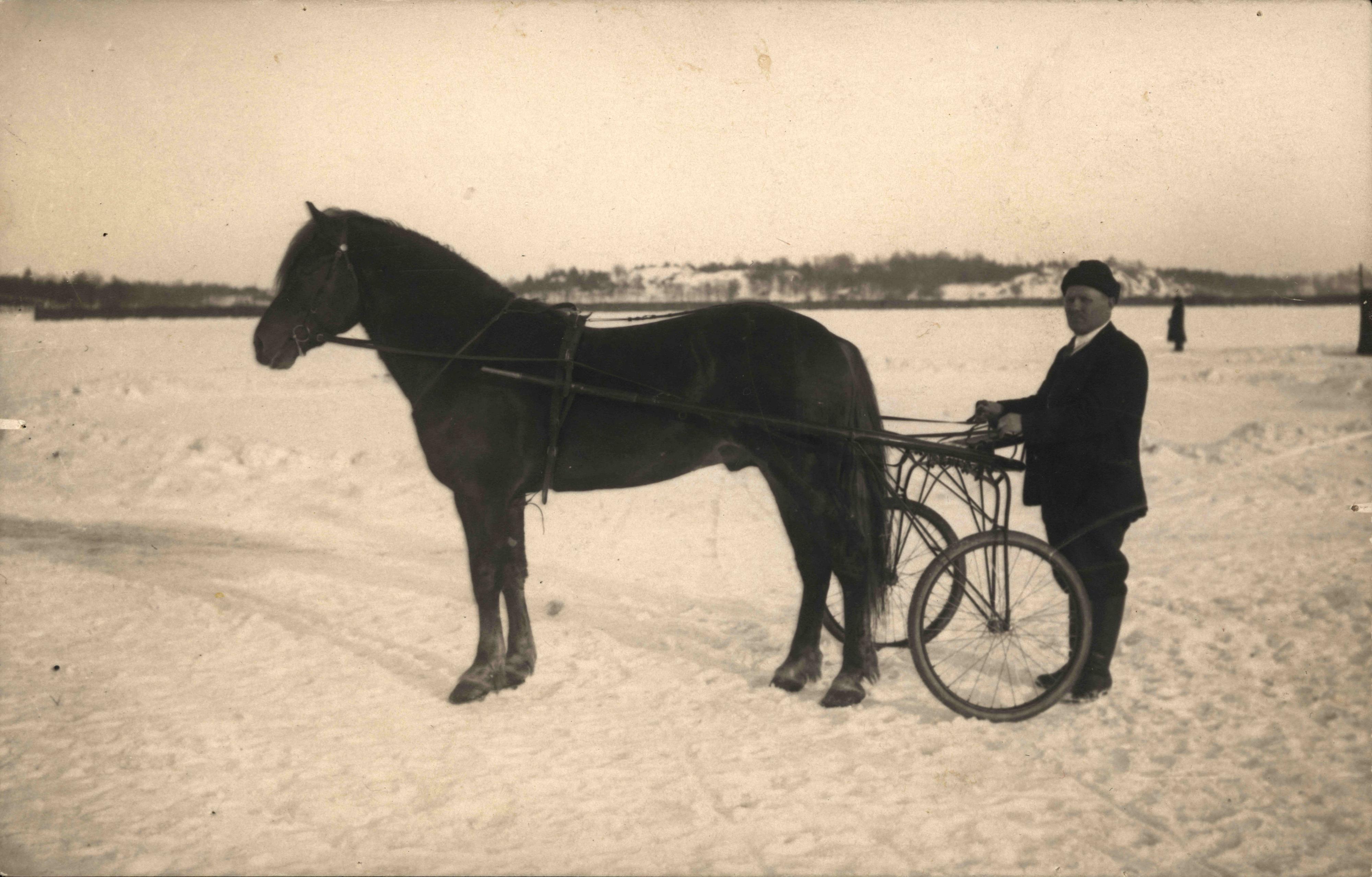 Vanha kuva, jossa mies seisoo ravihevosen kanssa lumisessa maisemassa.