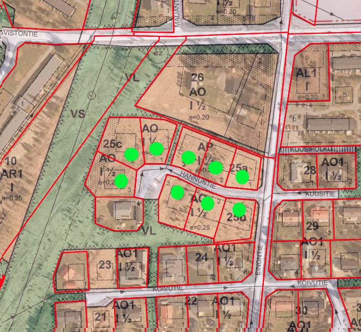 Karttakuva Hannuntien omakotitonteista