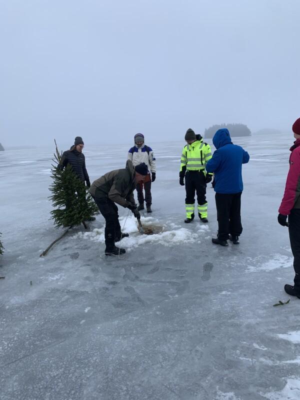 Henkilöt upottavat kuusta jäiseen reikään Jalanti-järvellä.