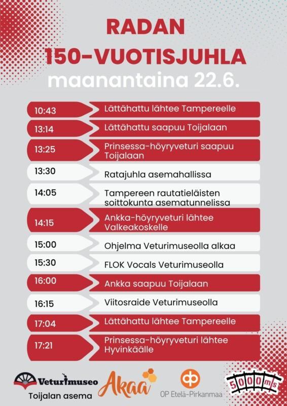 150 vuotisjuhlan aikataulu.