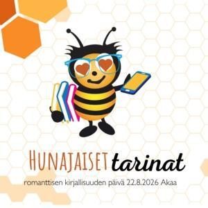 Hunajaiset tarinat tapahtuman logo, jossa on kirjojapitävä amppari sydämet silmissä.