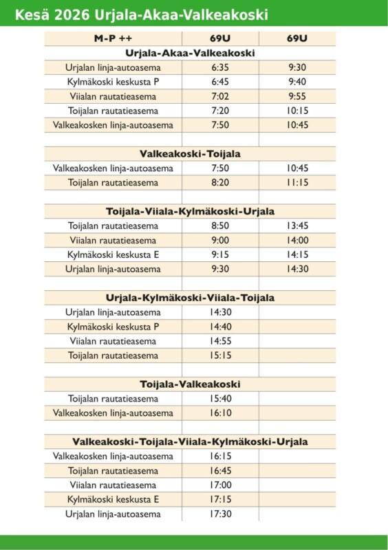 Vau-liikenteen bussiaikataulut kesätlä.