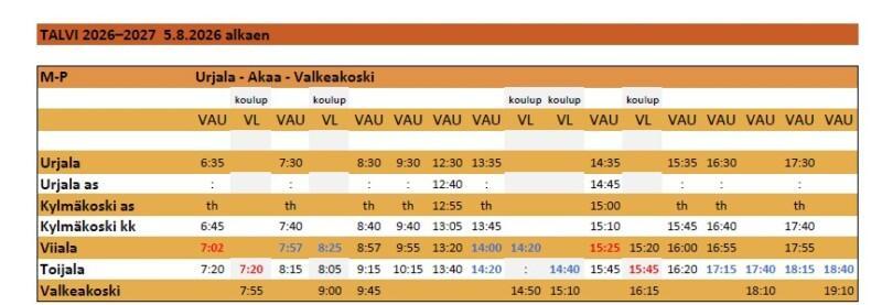 Vau liikenteen aikataulu