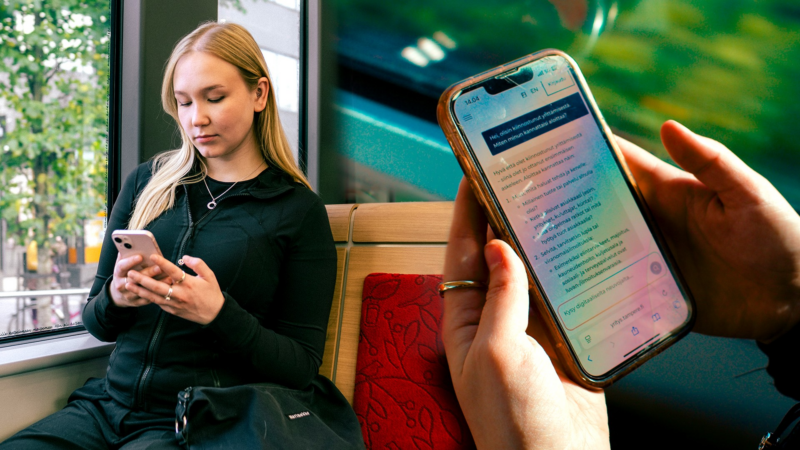 Nainen katsoo puhelimestaa yrittajyysneuvonnan palvelua.